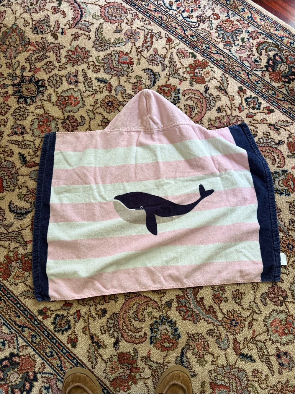 Pottery Barn Kids Hooded Towel Poncho - Pink & White Stripes with Navy Whale
